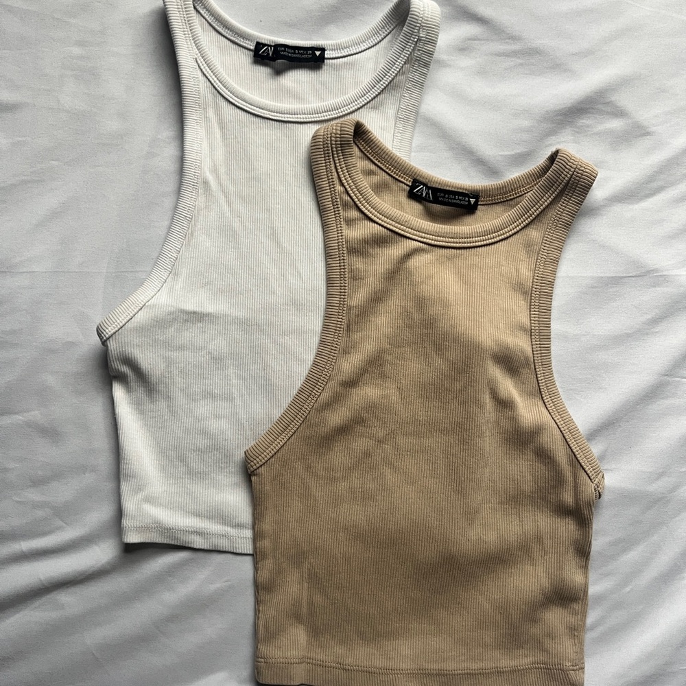 Zara Sleeveless Ribbed Tops in Cream and Tan